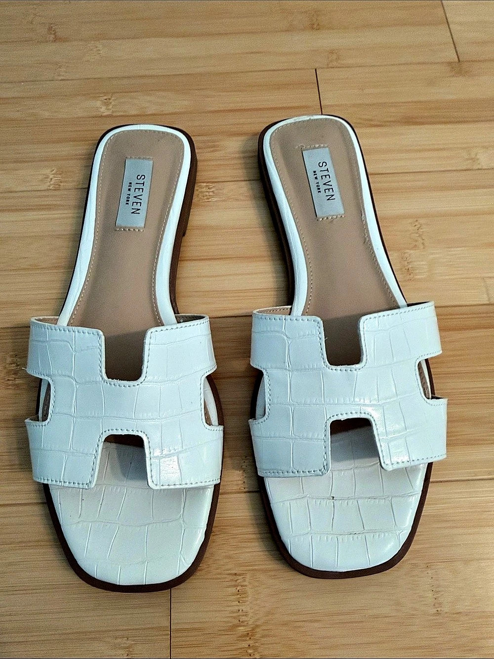 Steve Madden Crocodile-Embossed Slide Sandals in White